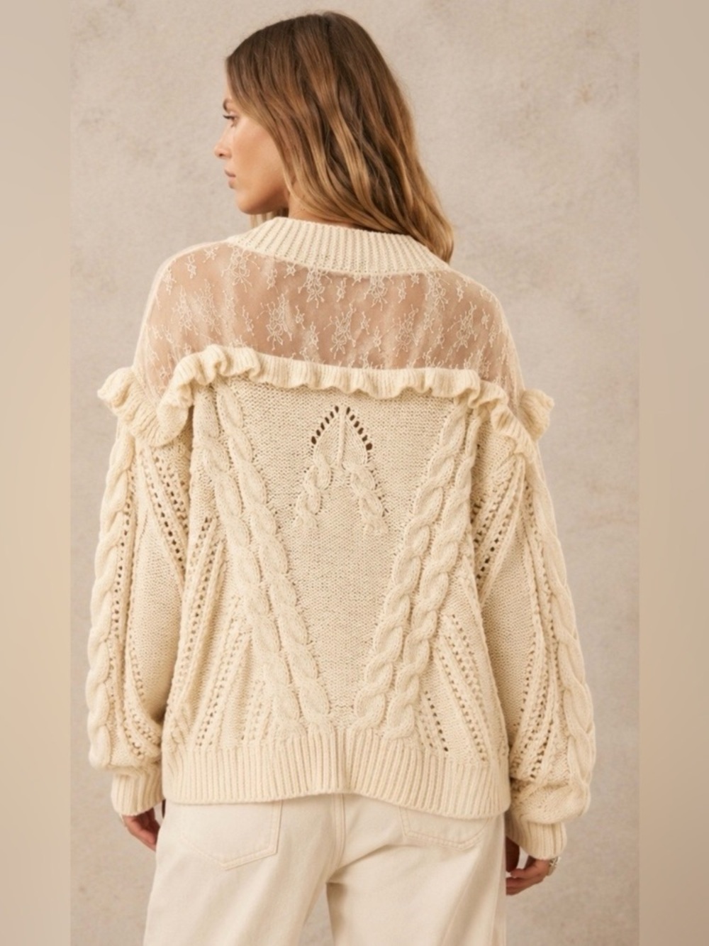 SHEIN Cream Lace Cable Knit V-Neck Button Down Cardigan Sweater Off-Shoulder